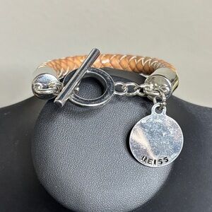 Reiss Tan Leather and Silver Plated Braided Bracelet